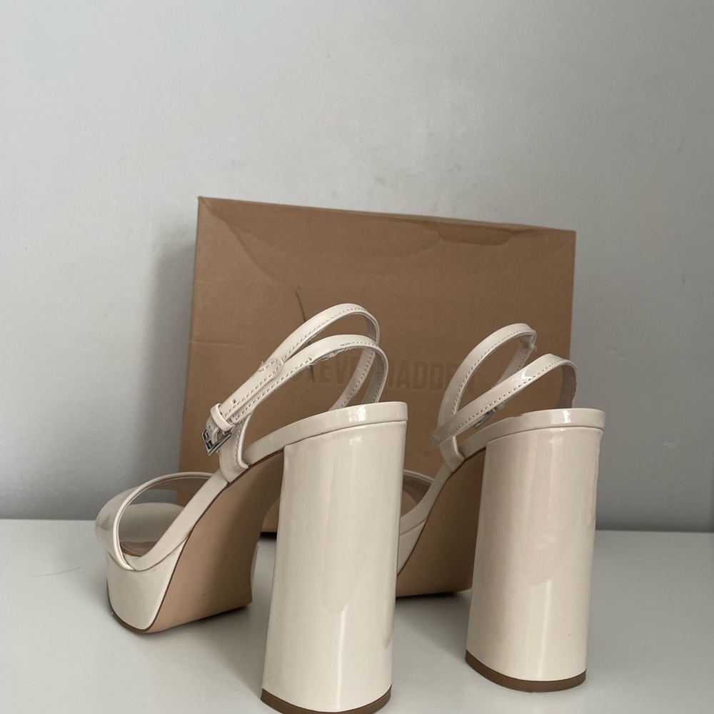 Steve Madden Cream Patent Block Heel Sandals with Ankle Strap - Picture 4 of 9